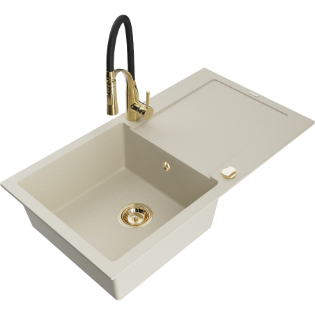 Mexen Leo 1-basin granite sink with drainer and Aster kitchen faucet, beige - 6501-69-73450-57-G