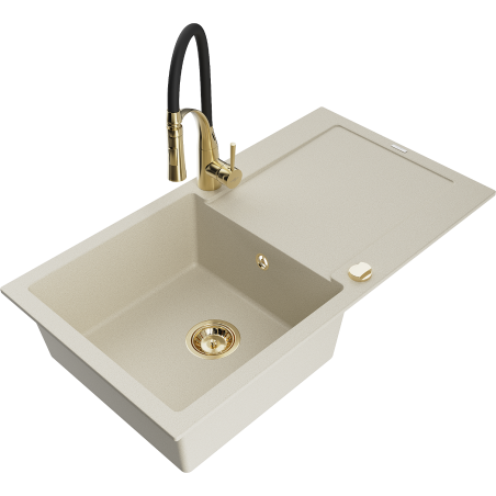 Mexen Leo granite sink single-bowl with drainer and Aster kitchen tap, beige - 6501-69-73450-57-G