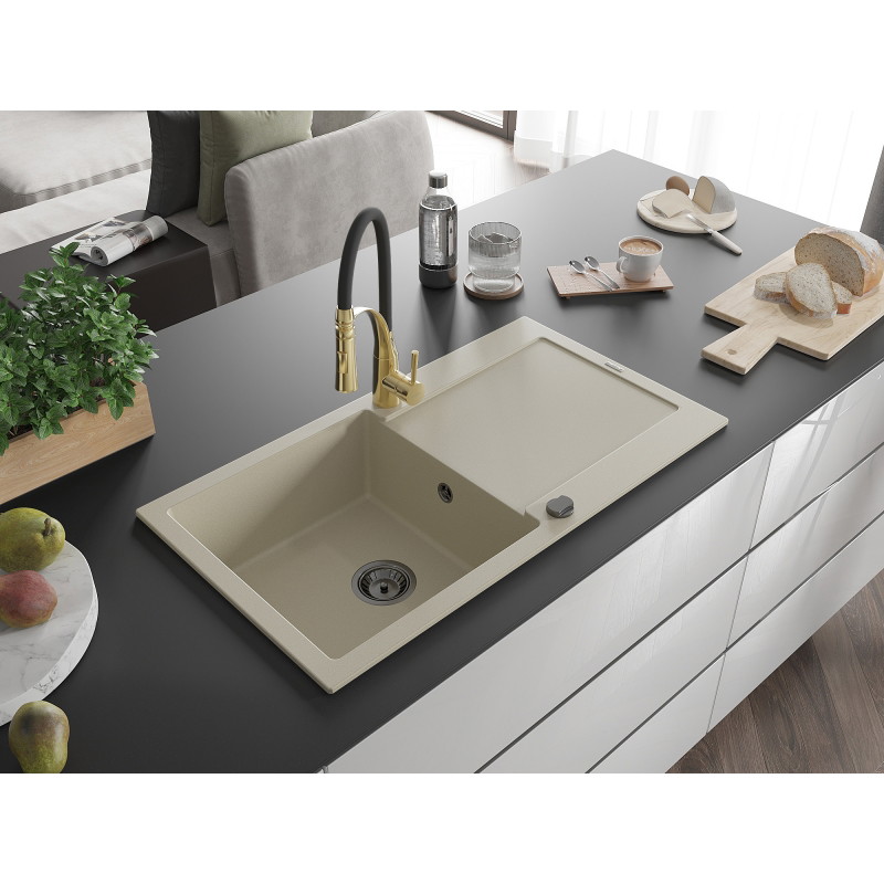 Mexen Leo 1-bowl granite sink with drainer and kitchen faucet Aster, beige - 6501-69-73450-57-B