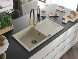 Mexen Leo granite 1-bowl sink with drainer and kitchen faucet Aster, beige - 6501-69-73450-57-B