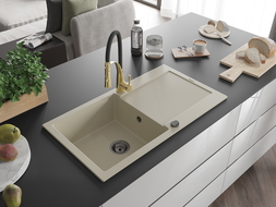 Mexen Leo granite kitchen sink 1-bowl with drainer and Aster kitchen tap, beige - 6501-69-73450-57-B