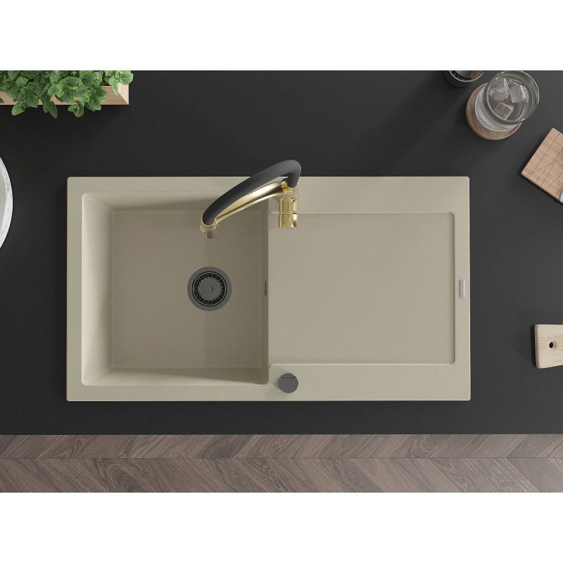 Mexen Leo granite kitchen sink 1-bowl with drainer and Aster kitchen tap, beige - 6501-69-73450-57-B