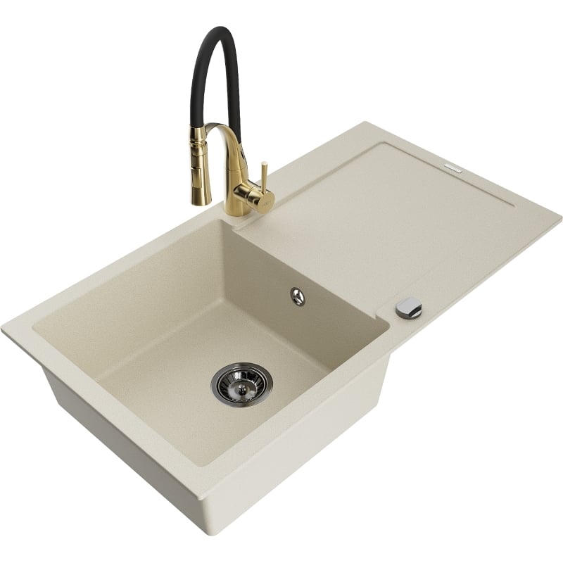 Mexen Leo granite 1-bowl sink with drainer and kitchen faucet Aster, beige - 6501-69-73450-57-B