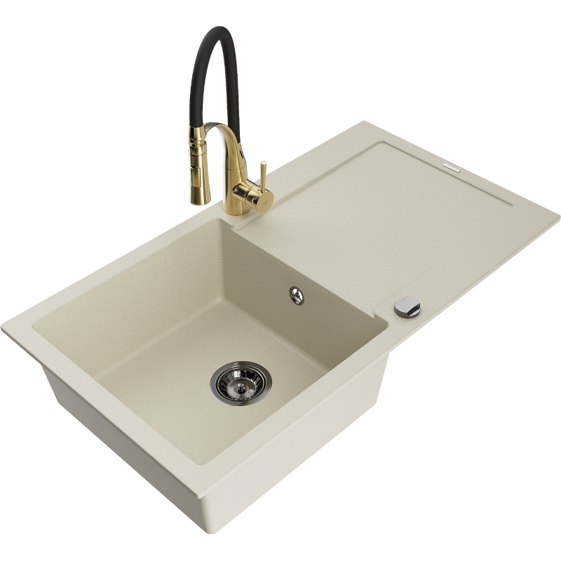 Mexen Leo granite kitchen sink 1-bowl with drainer and Aster kitchen tap, beige - 6501-69-73450-57-B