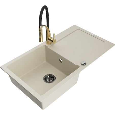 Mexen Leo 1-bowl granite sink with drainer and kitchen faucet Aster, beige - 6501-69-73450-57-B