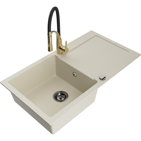 Mexen Leo granite kitchen sink 1-bowl with drainer and Aster kitchen tap, beige - 6501-69-73450-57-B