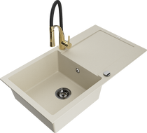 Mexen Leo granite kitchen sink 1-bowl with drainer and Aster kitchen tap, beige - 6501-69-73450-57-B