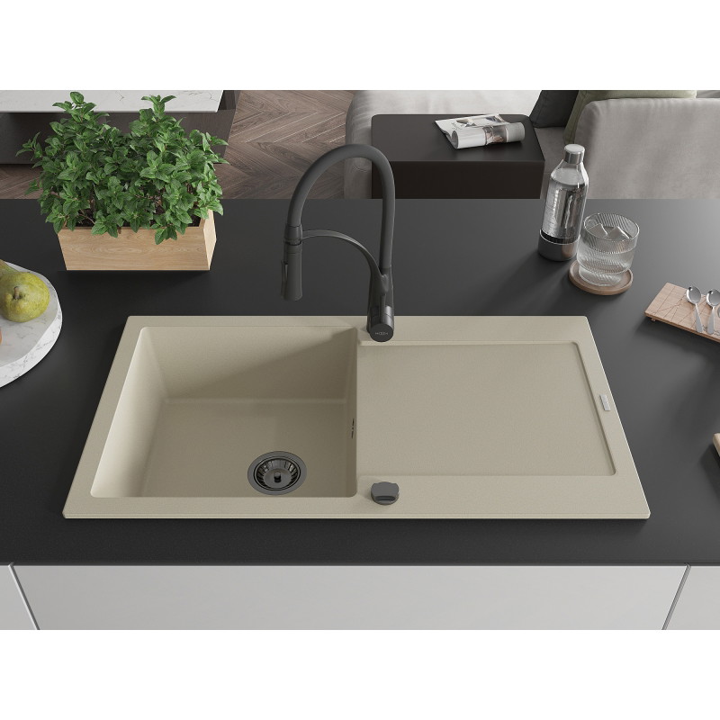 Mexen Leo granite kitchen sink 1-bowl with drainer and kitchen faucet Aster, beige - 6501-69-73450-70-B
