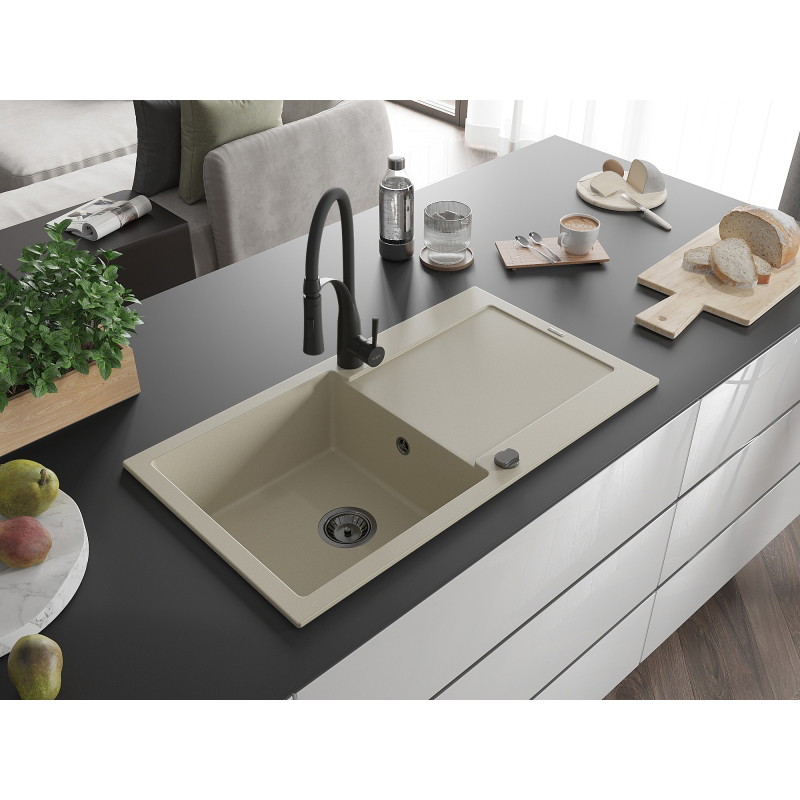 Mexen Leo 1-Bowl Granite Sink with Drainer and Aster Kitchen Faucet, Beige - 6501-69-73450-70-B