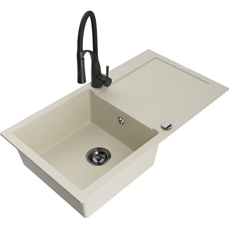 Mexen Leo 1-Bowl Granite Sink with Drainer and Aster Kitchen Faucet, Beige - 6501-69-73450-70-B