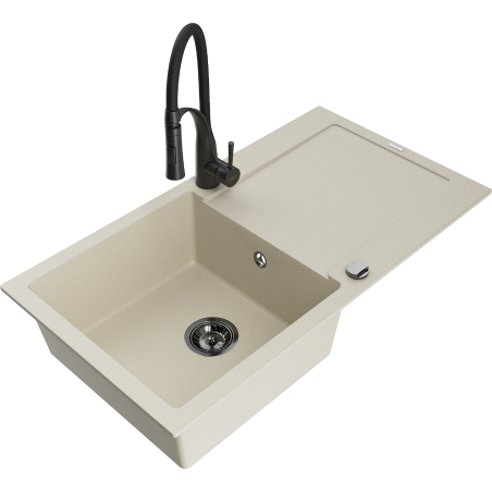 Mexen Leo 1-Bowl Granite Sink with Drainer and Aster Kitchen Faucet, Beige - 6501-69-73450-70-B
