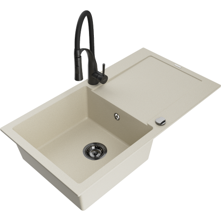Mexen Leo granite kitchen sink 1-bowl with drainer and kitchen faucet Aster, beige - 6501-69-73450-70-B
