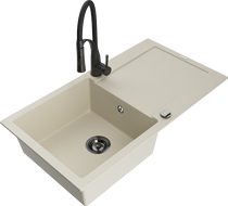 Mexen Leo granite kitchen sink 1-bowl with drainer and kitchen faucet Aster, beige - 6501-69-73450-70-B