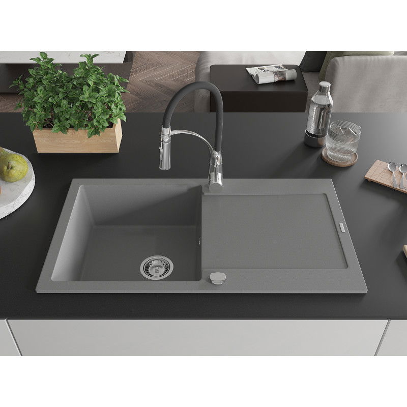 Mexen Leo 1-bowl granite sink with drainer and Aster kitchen tap, grey - 6501-71-73450-07