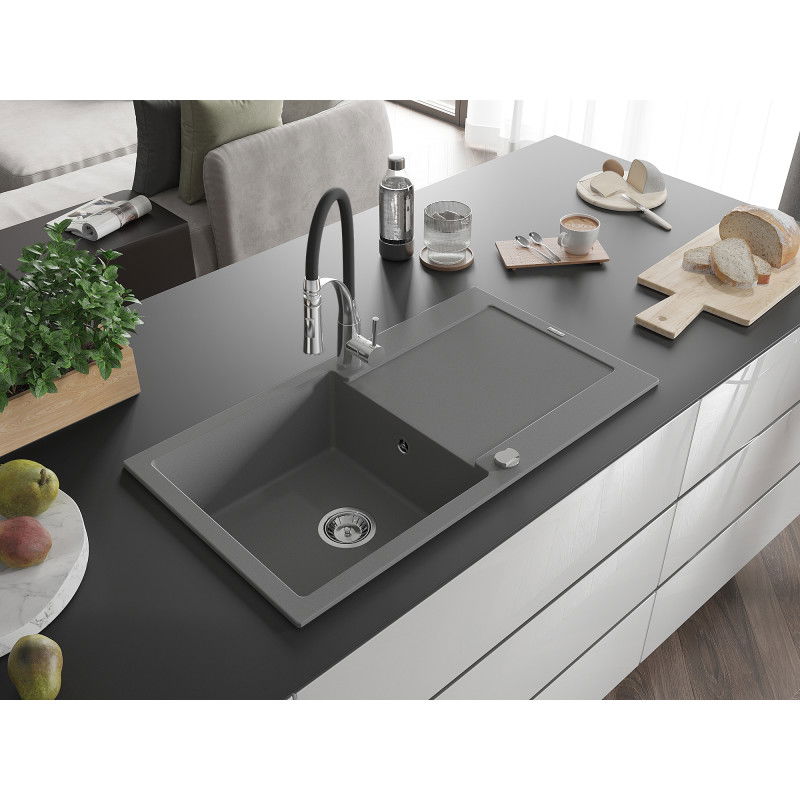 Mexen Leo 1-bowl granite sink with drainer and Aster kitchen tap, grey - 6501-71-73450-07