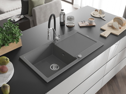 Mexen Leo 1-compartment granite sink with a drip tray and kitchen mixer tap Aster, Grey - 6501-71-73450-07