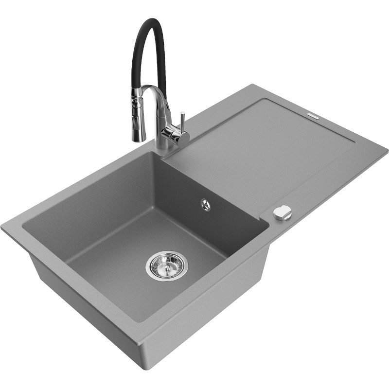 Mexen Leo 1-bowl granite sink with drainer and Aster kitchen faucet, gray - 6501-71-73450-07