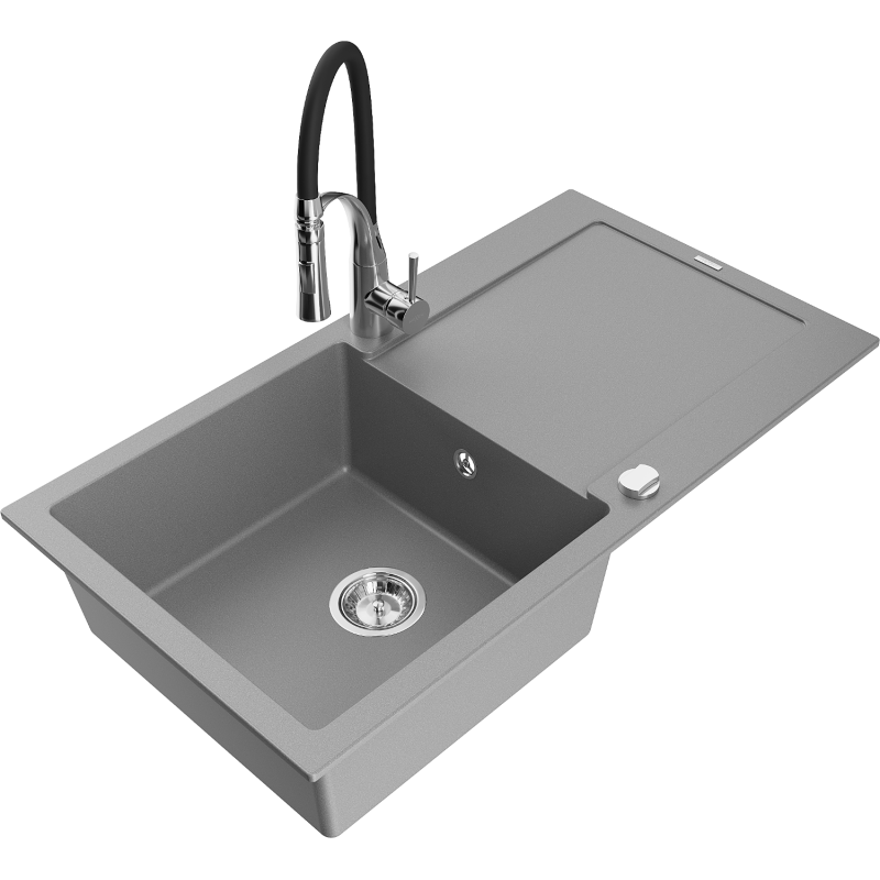 Mexen Leo 1-bowl granite sink with drainer and Aster kitchen tap, grey - 6501-71-73450-07