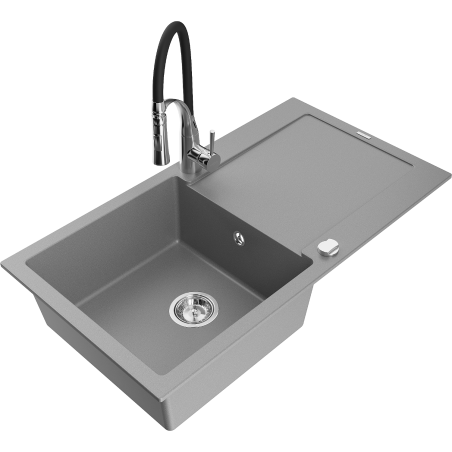 Mexen Leo 1-bowl granite sink with drainer and Aster kitchen faucet, gray - 6501-71-73450-07