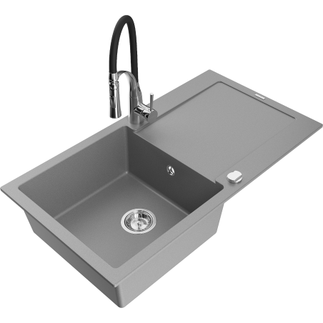 Mexen Leo 1-bowl granite sink with drainer and Aster kitchen tap, grey - 6501-71-73450-07