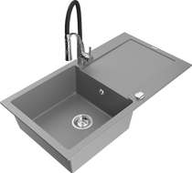 Mexen Leo 1-bowl granite sink with drainer and Aster kitchen faucet, gray - 6501-71-73450-07