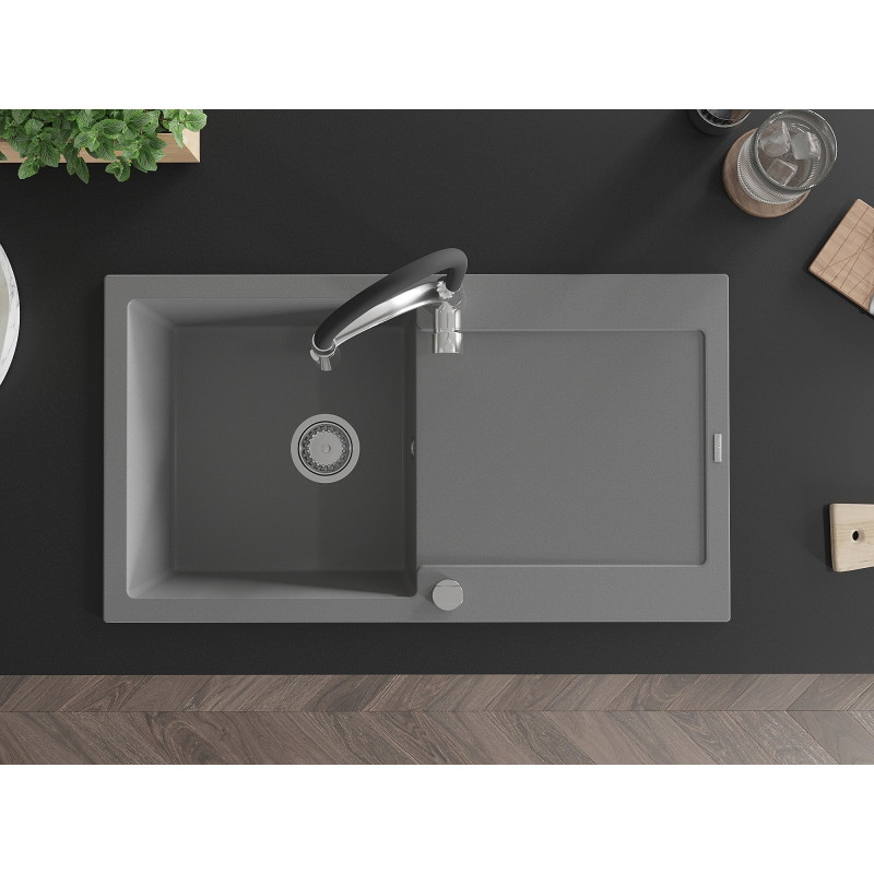Mexen Leo 1-bowl granite sink with drainer and Aster kitchen faucet, gray - 6501-71-73450-07