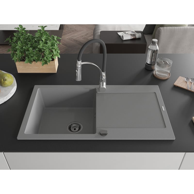 Mexen Leo granite kitchen sink 1-bowl with drainer and Aster kitchen faucet, gray - 6501-71-73450-07-B