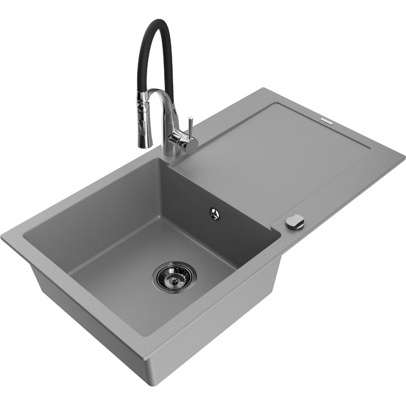 Mexen Leo granite kitchen sink 1-bowl with drainer and Aster kitchen faucet, gray - 6501-71-73450-07-B