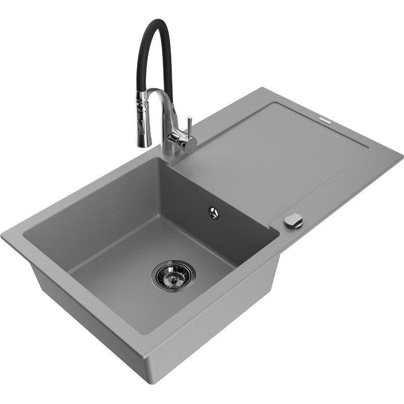Mexen Leo Granite Sink 1-Bowl with Drainer and Aster Kitchen Tap, Grey - 6501-71-73450-07-B