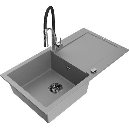 Mexen Leo 1-bowl granite sink with drainer and Aster kitchen faucet, gray - 6501-71-73450-07-B