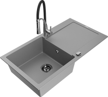 Mexen Leo 1-compartment granite sink with a drip tray and kitchen mixer tap Aster, Grey - 6501-71-73450-07-B