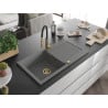 Mexen Leo 1-bowl granite sink with drainer and Aster kitchen faucet, gray - 6501-71-73450-57-G