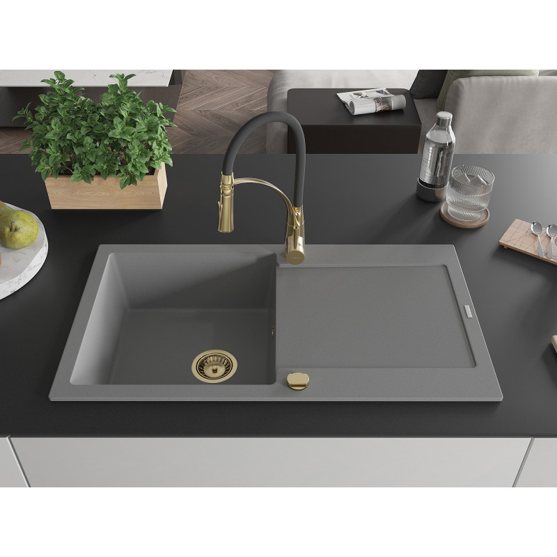 Mexen Leo 1-bowl granite sink with drainer and Aster kitchen faucet, gray - 6501-71-73450-57-G