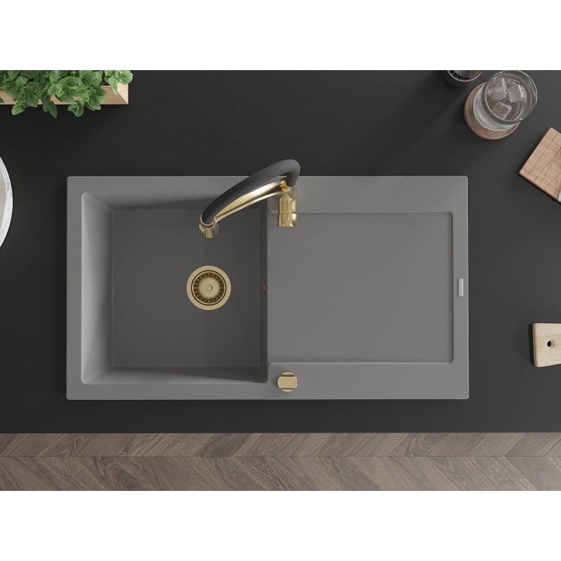 Mexen Leo 1-bowl granite sink with drainer and Aster kitchen faucet, gray - 6501-71-73450-57-G