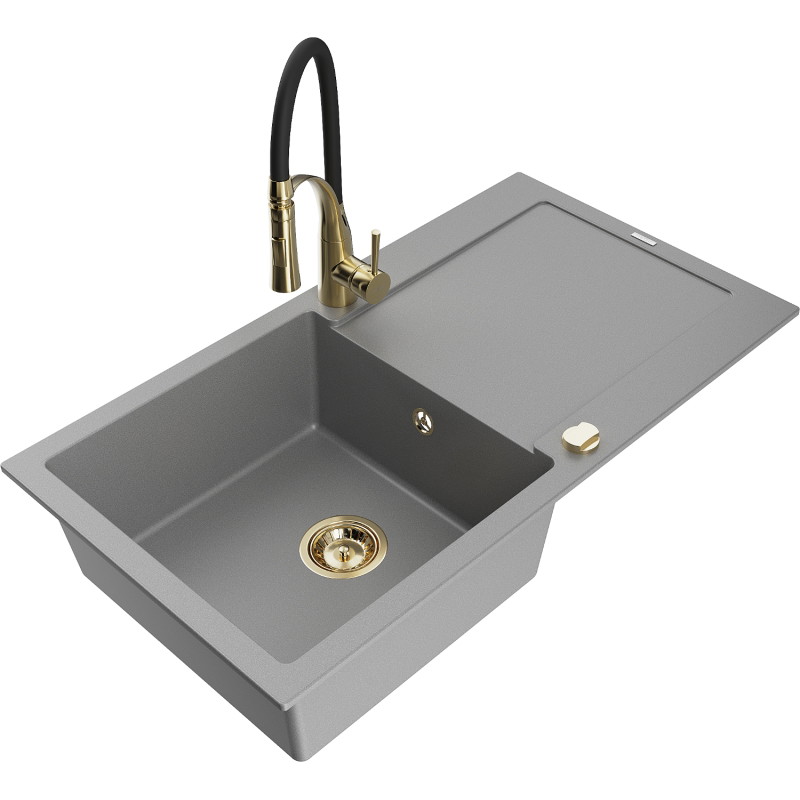 Mexen Leo 1-bowl granite sink with drainer and Aster kitchen faucet, gray - 6501-71-73450-57-G