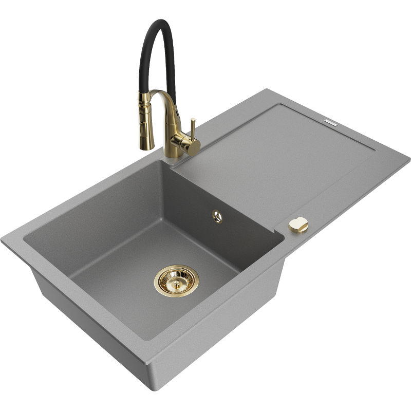 Mexen Leo 1-compartment granite sink with a drip tray and kitchen mixer tap Aster, Grey - 6501-71-73450-57-G