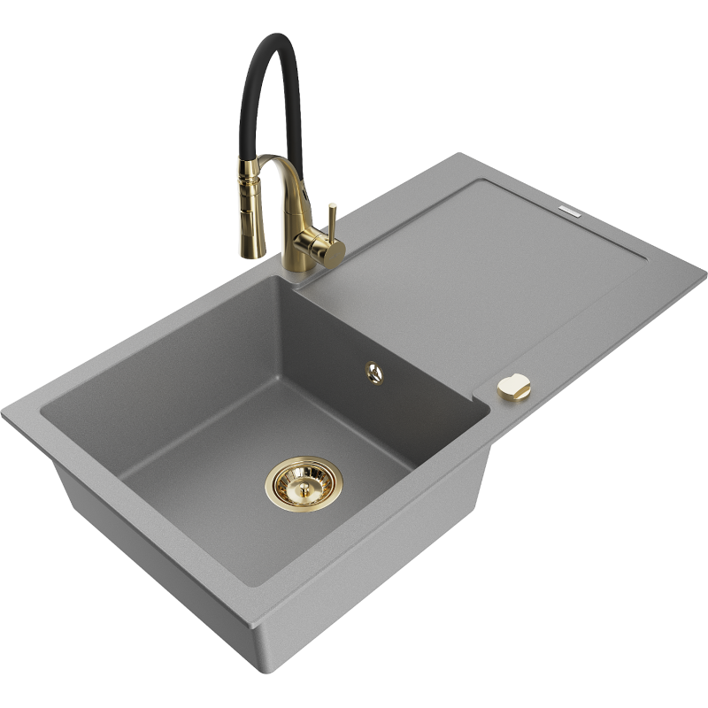 Mexen Leo granite sink 1-bowl with drainer and Aster kitchen tap, grey - 6501-71-73450-57-G