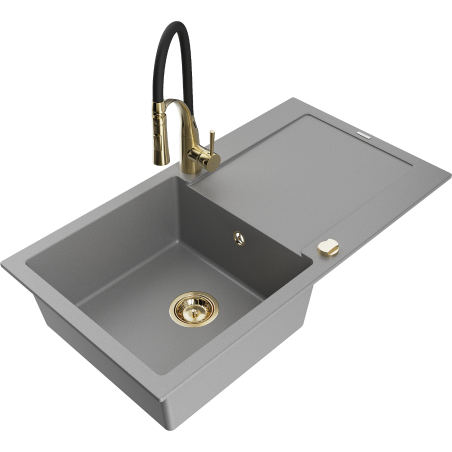 Mexen Leo granite sink 1-bowl with drainer and Aster kitchen tap, grey - 6501-71-73450-57-G