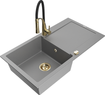 Mexen Leo 1-compartment granite sink with a drip tray and kitchen mixer tap Aster, Grey - 6501-71-73450-57-G