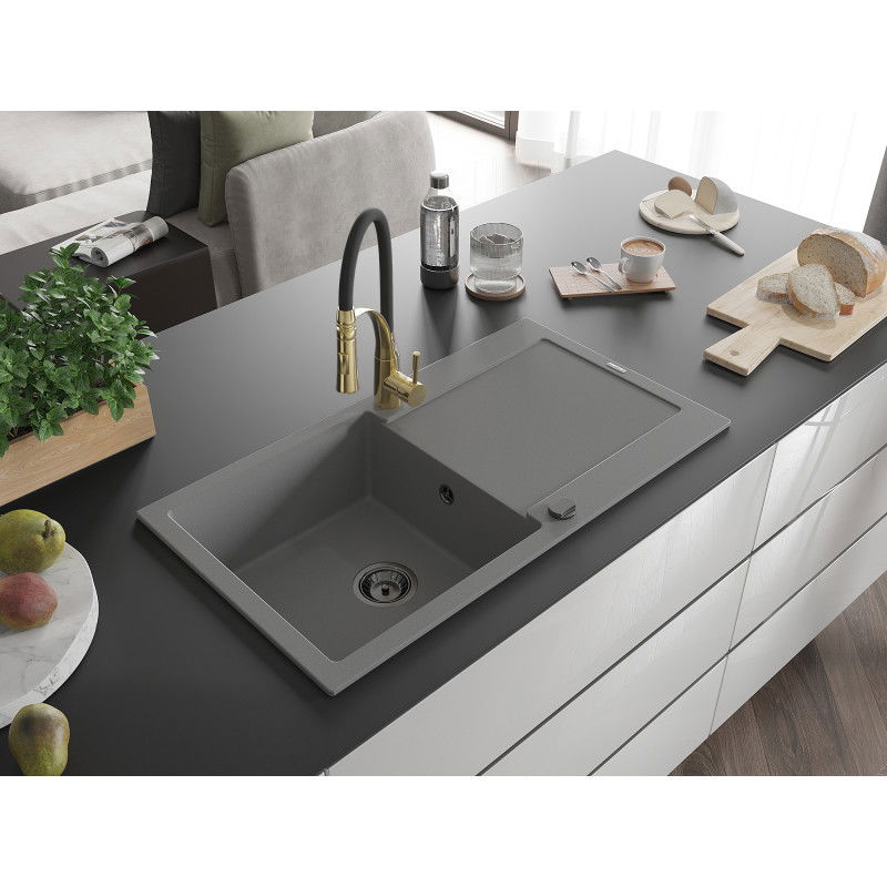 Mexen Leo 1-bowl granite sink with drainer and Aster kitchen tap, grey - 6501-71-73450-57-B