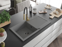 Mexen Leo granite kitchen sink 1-bowl with drainer and Aster kitchen faucet, gray - 6501-71-73450-57-B