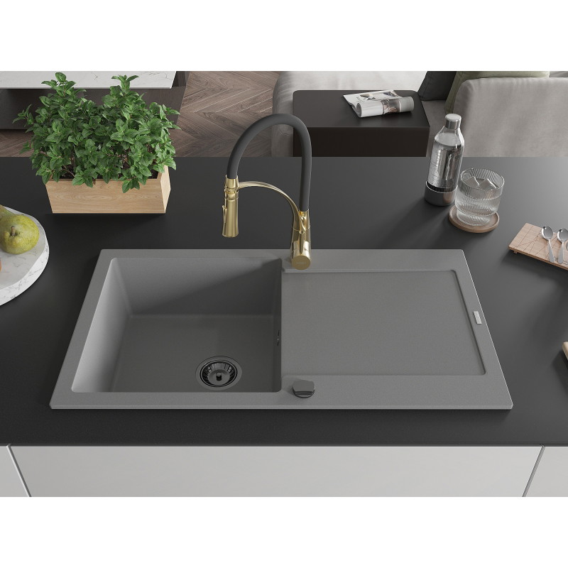 Mexen Leo 1-bowl Granite Sink with Drainer and Aster Kitchen Faucet, Gray - 6501-71-73450-57-B