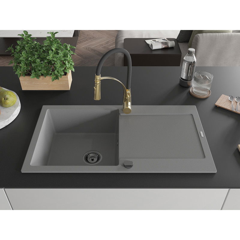 Mexen Leo 1-bowl granite sink with drainer and Aster kitchen tap, grey - 6501-71-73450-57-B