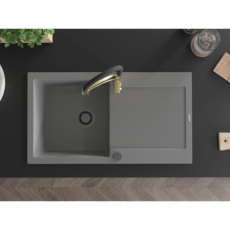 Mexen Leo 1-bowl Granite Sink with Drainer and Aster Kitchen Faucet, Gray - 6501-71-73450-57-B