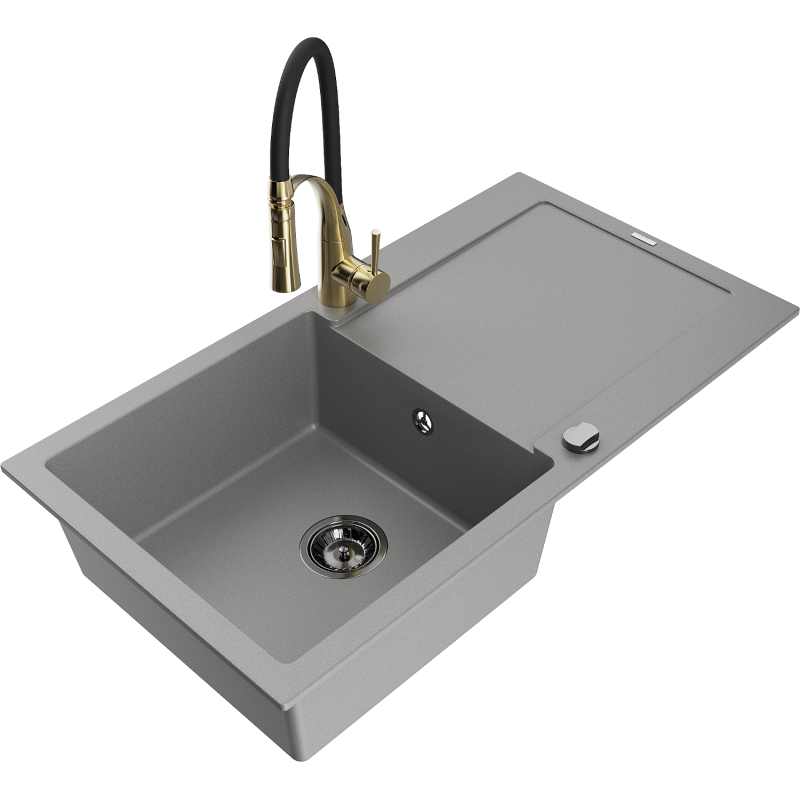 Mexen Leo 1-compartment granite sink with a drip tray and kitchen mixer tap Aster, Grey - 6501-71-73450-57-B