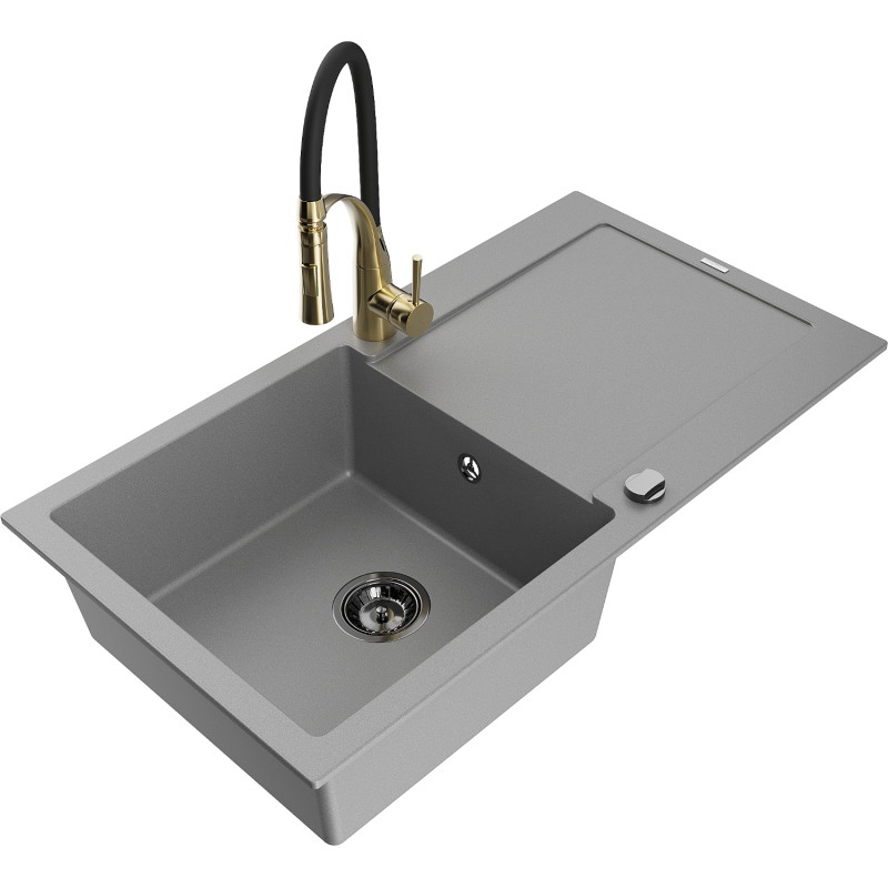 Mexen Leo granite kitchen sink 1-bowl with drainer and Aster kitchen faucet, gray - 6501-71-73450-57-B