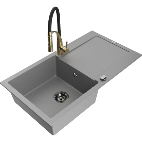 Mexen Leo 1-bowl granite sink with drainer and Aster kitchen tap, grey - 6501-71-73450-57-B