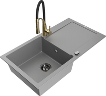 Mexen Leo 1-compartment granite sink with a drip tray and kitchen mixer tap Aster, Grey - 6501-71-73450-57-B