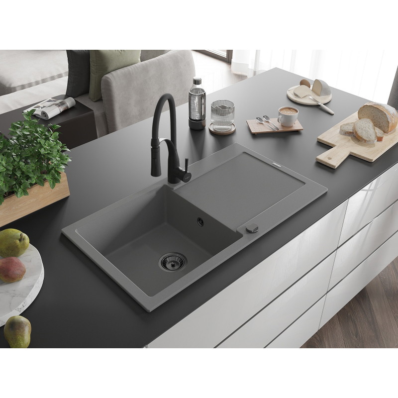 Mexen Leo granite kitchen sink 1-bowl with drainer and Aster kitchen faucet, gray - 6501-71-73450-70-B