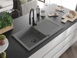 Mexen Leo single-bowl granite sink with drainer and Aster kitchen faucet, gray - 6501-71-73450-70-B